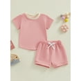 thumbnail image 2 of Suealasg 2Pcs Kids Boy Girl Summer Clothes 6M 1T 2T 3T Toddler Baby Casual Beach Outfits Short Sleeve Contrast Color Tops and Elastic Waist Shorts Set, 2 of 9