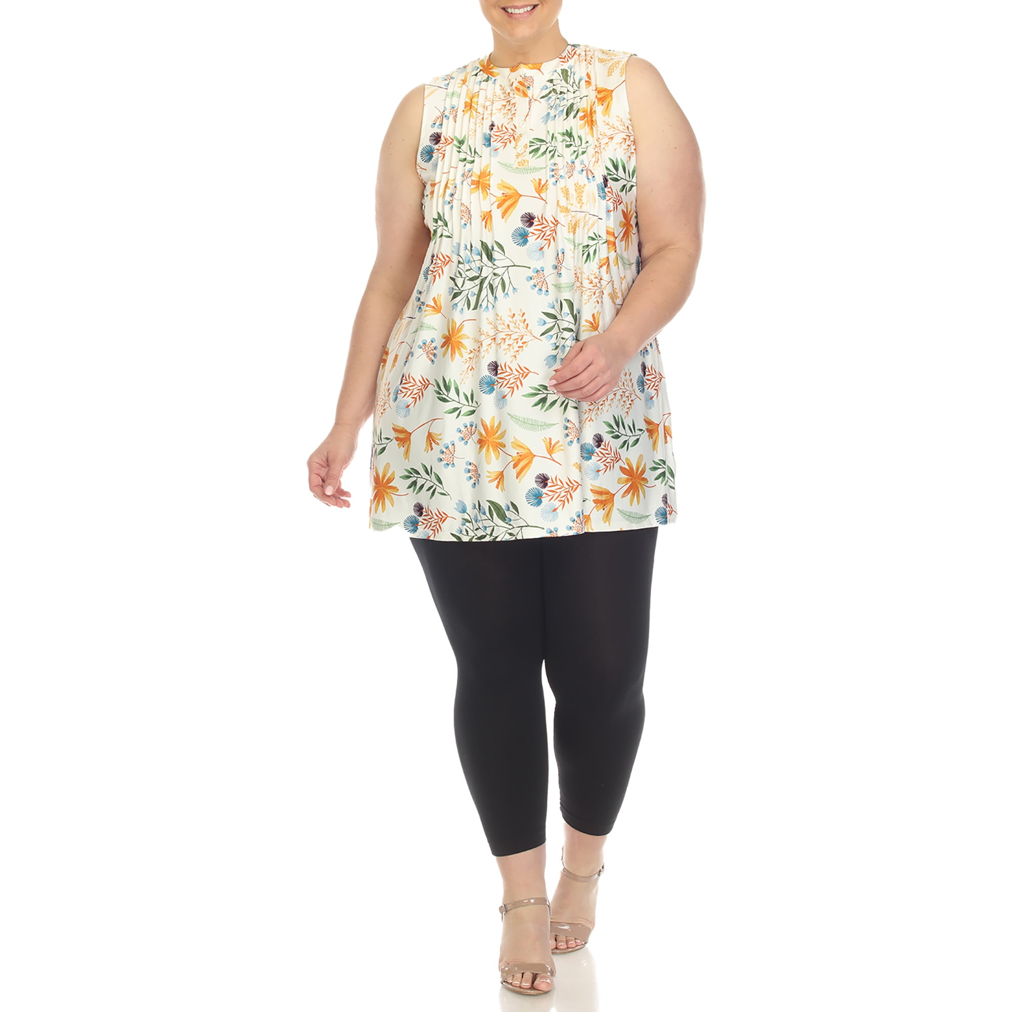 White Mark Women's Sleeveless Floral Pleated Tunic Top with Pockets