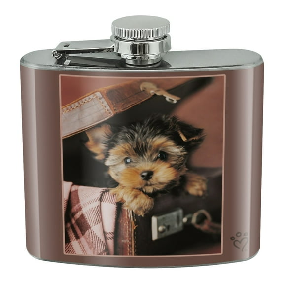 Yorkie Yorkshire Terrier Puppy Dog in Briefcase Trunk Suitcase Stainless Steel 5oz Hip Drink Kidney Flask