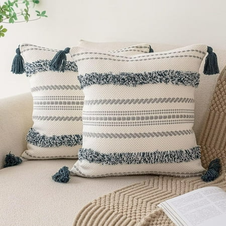 

Boho Throw Pillow Covers 16x16 Set of 2 Woven Tufted Farmhouse Pillows Cover with Tassels Textured Striped Cushion Case Neutral Pillow Cases Decorative Pillowcase for Sofa Bed Dark Blue