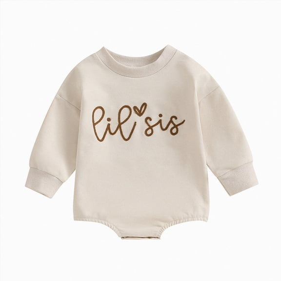 KPOPLK Lil Sis Baby Bodysuit Long Sleeve Letter Print Infant Romper for 3 6 9 12 18 Months Newborn Sister Matching Outfit(Beige,3-6 Months)