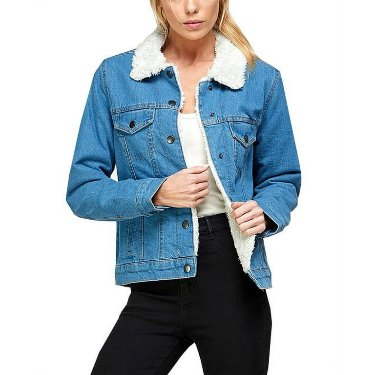 Denim trucker jacket with fur sales