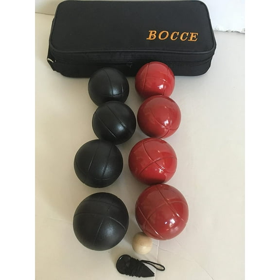 BuyBocceBalls Listing - 73mm Metal Bocce/Petanque 8 Ball Set with 4 Black and 4 red Balls and Black Bag