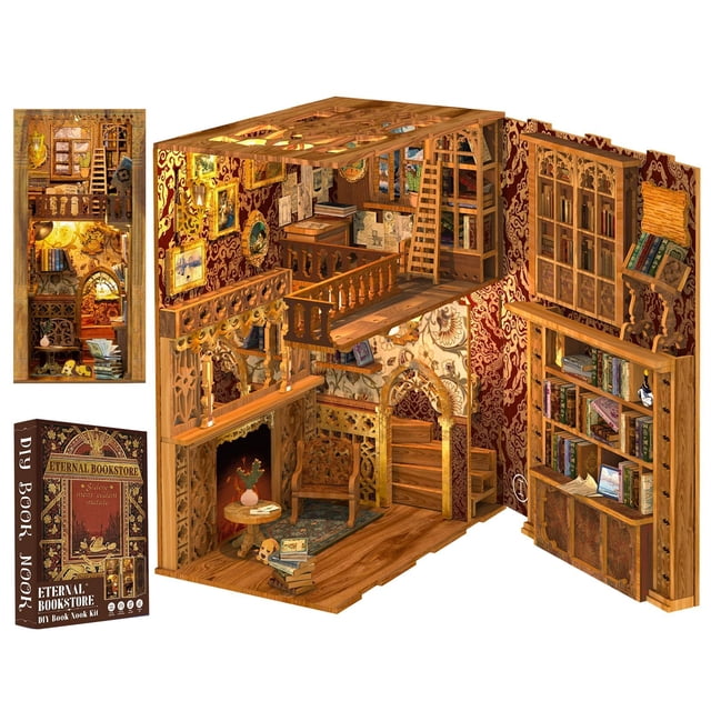 Kit Book Nook Kit, bonitos sujetalibros con forma de rompecabezas de madera con luces LED
