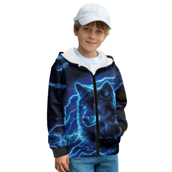 FKELYI Blue Lightning Wolf Print Zip Up Hoodies for Kids Fall Sweatshirt Jacket with Side Pockets Winter Activewear Top Cosy Hooded Clothes for Boys Girls, S