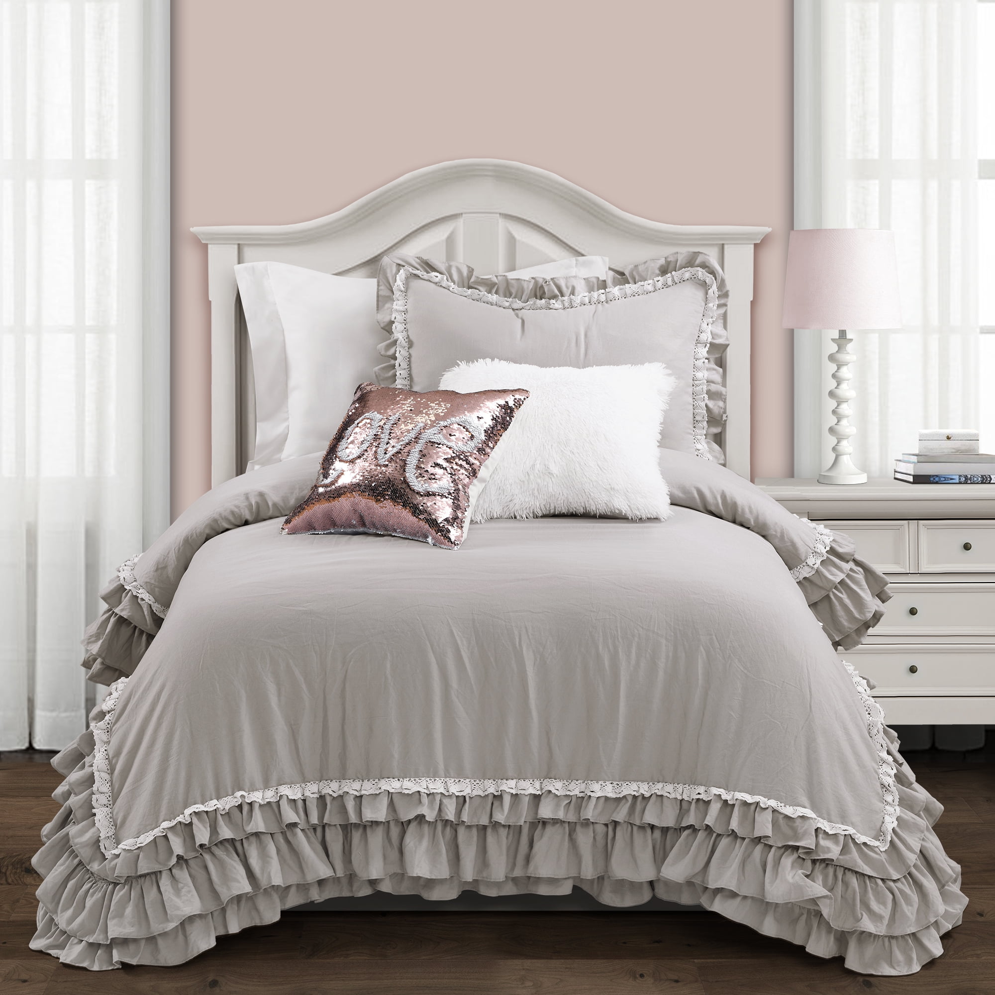 Lush Decor Ella Shabby Chic Ruffle Lace Polyester Comforter Twin Xl Light Gray 2 Pc Set Walmart Com Walmart Com