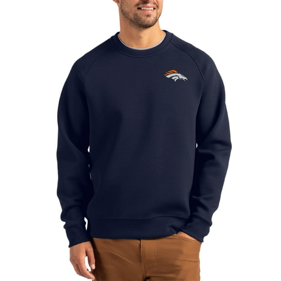 Men's Cutter & Buck Navy Denver Broncos Primary Logo Roam Recycled Raglan Pullover Sweatshirt
