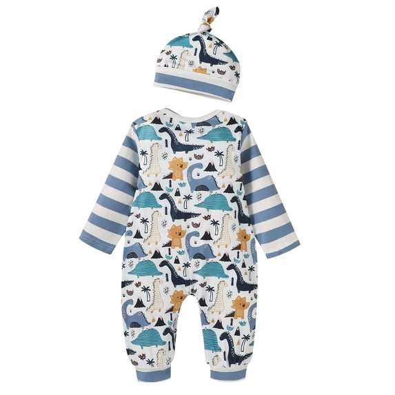 Babies Stripe Dinosaur Printed Pattern Long Sleeve Romper+Cap Outfit