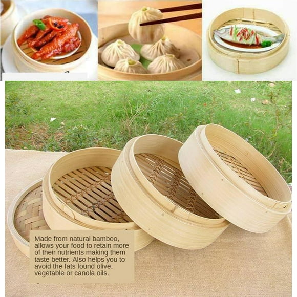 Panier Vapeur en Bambou pour Cuisine, Nourriture Asiatique, Cuiseur à Dumplings 6,5 Po, Couvercle pour Dumplings, Petits Pains, Poisson