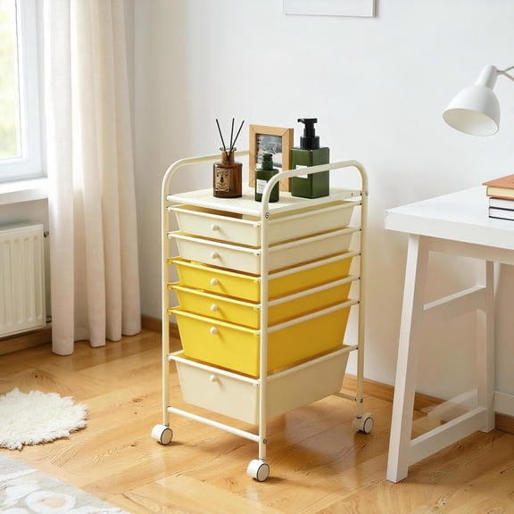 Topcobe 6 Drawers Rolling Storage Cart Organizer, Rolling Carts with Wheels for Kitchen, Living Room, Yellow