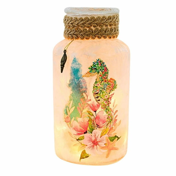 Stony Creek Salt Water Shores Pre-Lit Jar - One Pre-Lit Jar 6.5 Inch, Glass - Beach Sand Shells SWS3319 Seahorse