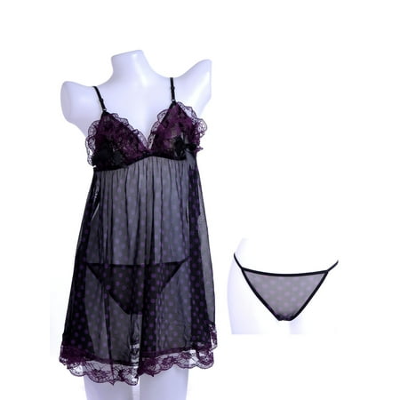Black Negligee - Anna-Kaci S/M Fit Black & Purple Polka All Over Dot Lace Trim Sheer Negligee