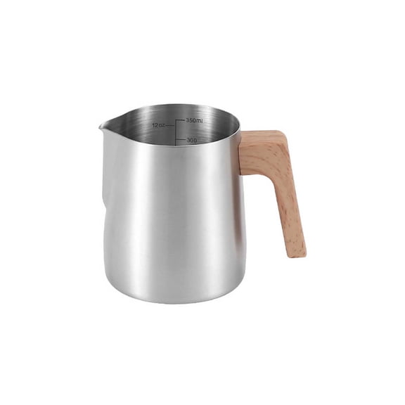 304 Stainless Steel Milk Frothing Pitcher - Wood Grain Handle with Scale Markings