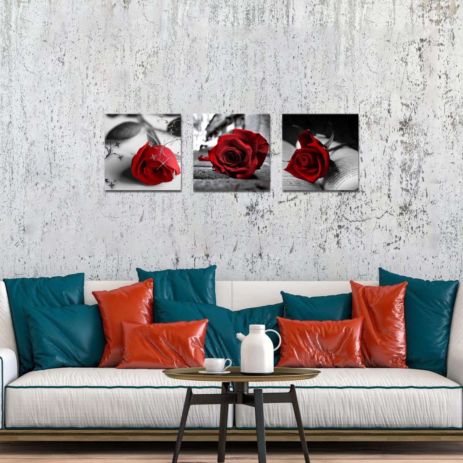 Canvas Print 3 Pcs Black and White Red Rose Canvas Art Painting Abstract Wall Art Decorations Flower Picture on Canvas for Home Decor Stretched and Framed (16X16inchX3pcs, A-Rose)