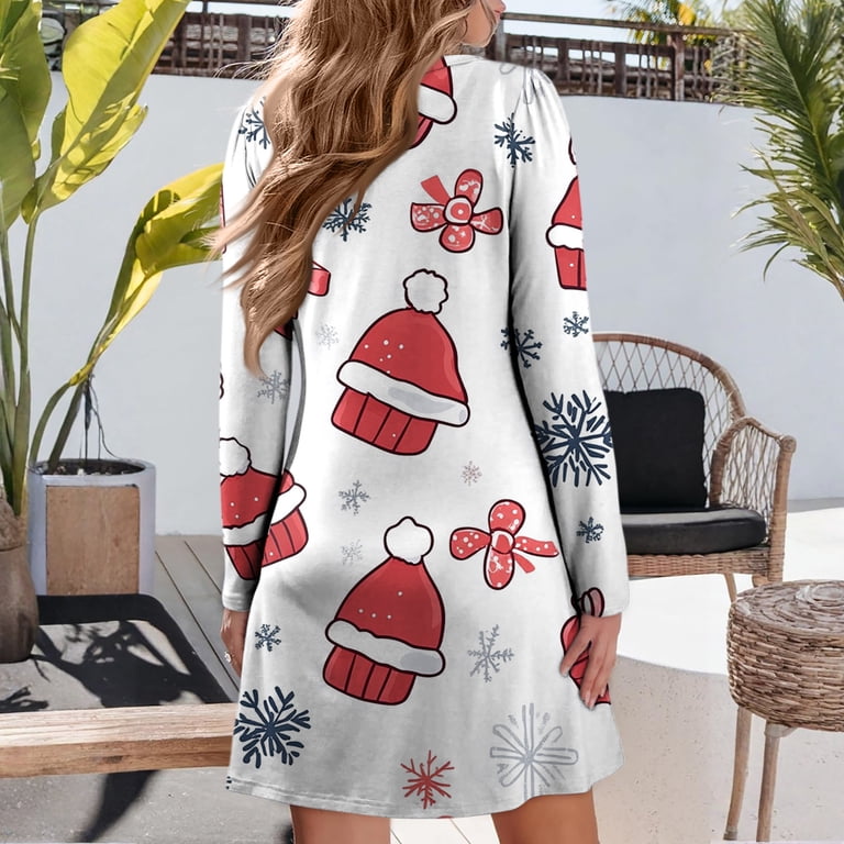 white christmas theme party dress WTOBBY Women's Themed Loose V-Neck Long Sleeve Casual Holiday Print Wear with Festive Design for Special Events,White 2XL COLOR:Black Cherry