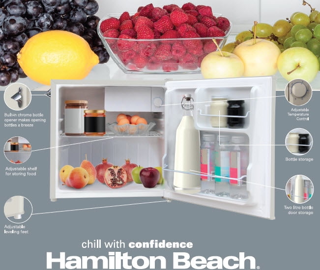 Hamilton Beach 1.6 Cu. Ft. Retro Refrigerator With Built-In Side Bottle Opener, 2 Liter Door Basket, Cream, HBF1600