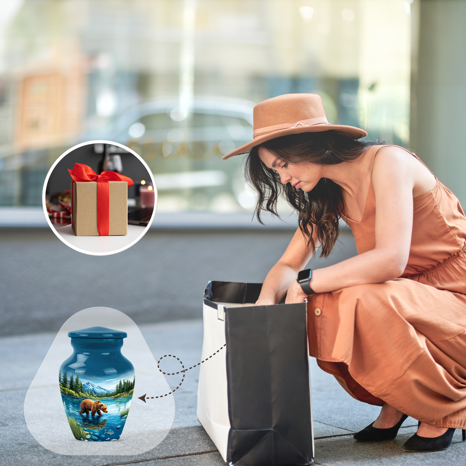 JAGASY Bear Small Urn for Sister, Blue Urn for Human Ashes Keepsake, River Trees Mountain & Blue Sky Decorative Urns for Siblings, Memorial Tiny Urns for Brother, (3 Inch)