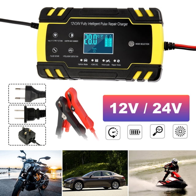 Pluokvzr 12V/24V Smart Battery Charger | Pulse Repair Charger with LCD Display | Intelligent Mode Overvoltage Protection Temperature Monitoring for Car, Truck,