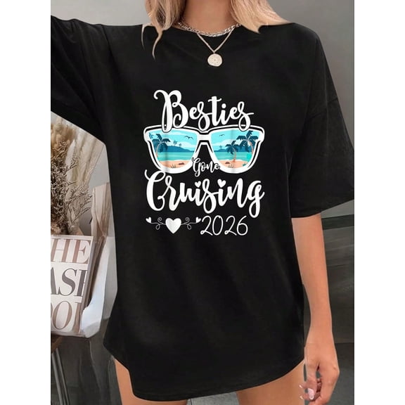 Besties Gone Cruising 2026 Girls Matching Women Cruise T-Shirt - 100% Cotton T Shirts For Women, Summer Tops Clothes