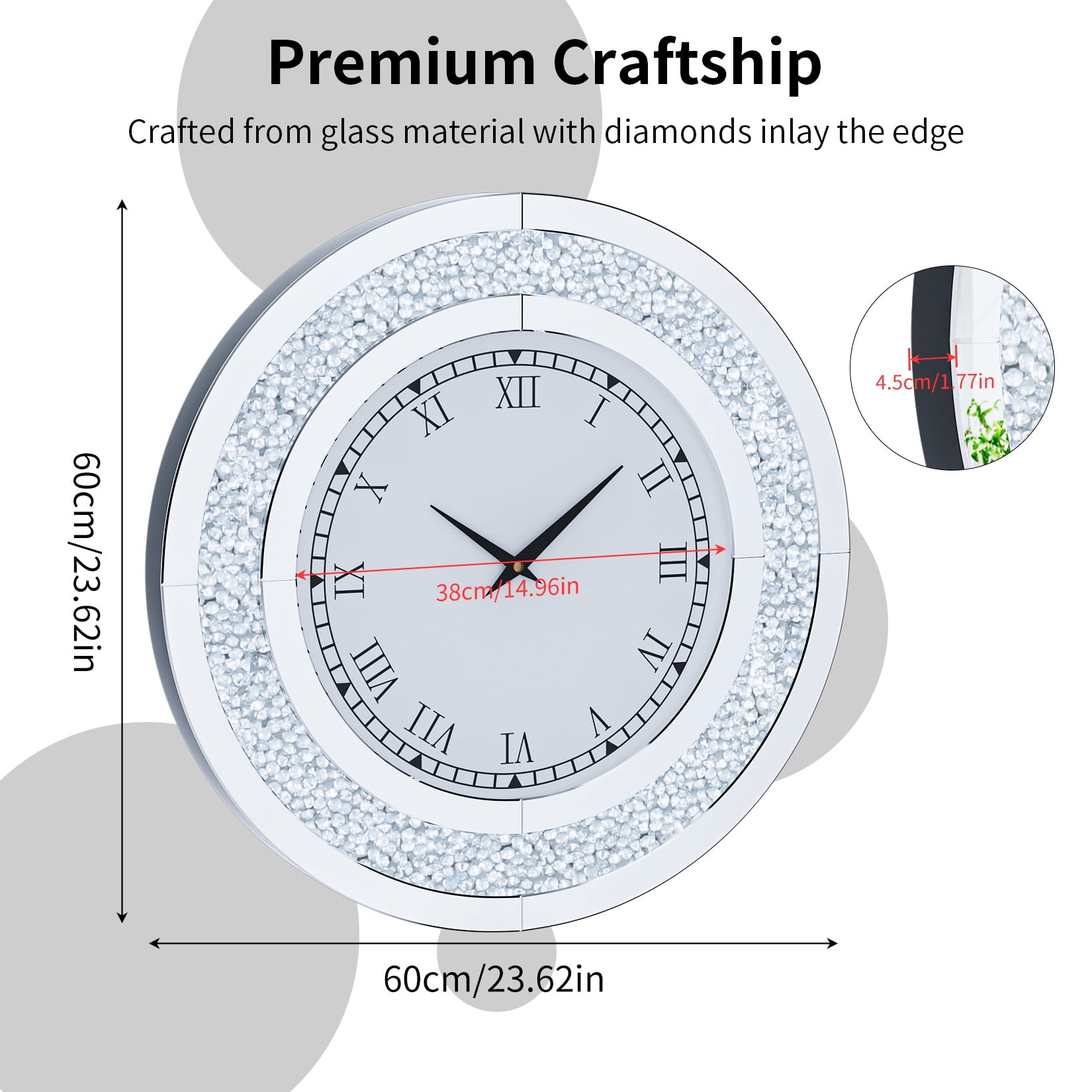 LUVODI 24 inch Rround Crushed Diamond Wall Clock Silver Beveled Mirrored Clock for Wall Living Room Decor