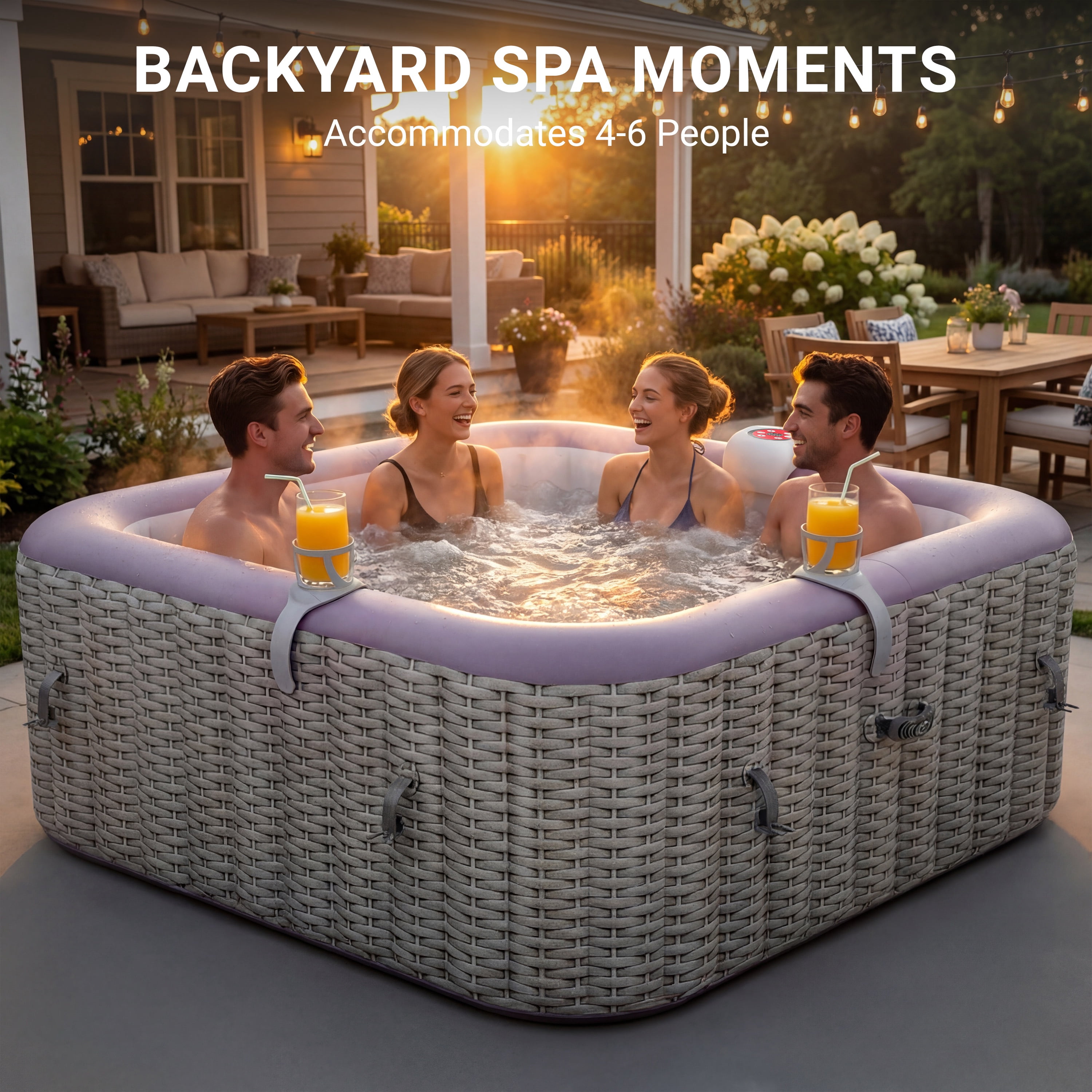 Segmart Inflatable Hot Tub for 4-6 People, Portable Outdoor Spa w/Built-in Pump, Home Spa Tub w/ 130 Bubble Jets, Heating & Filtration System, Includes Cover, Ground Mat & 2 Cup Holders
