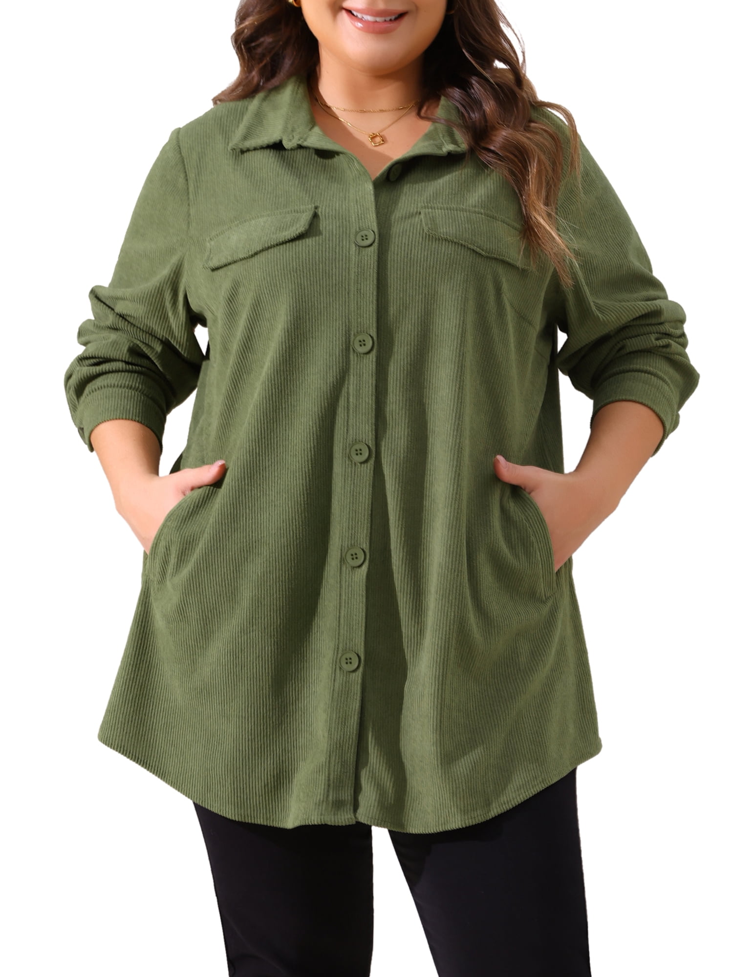 DARING DIVA Plus Size Corduroy Shirts Button Down Shackets Jacket 3X Green