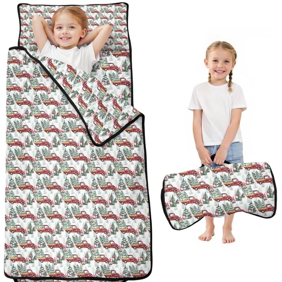 White Christmas Truck and Tree Pattern Toddler Nap Mats for Kids Preschool,50"x20" Sleeping Mat Bag or Kids,Toddler Sleeping Bag,Toddler Nap Mat or Daycare
