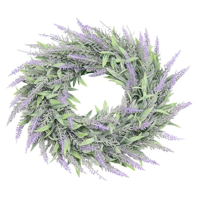 Corona de lavanda artificial para puerta de entrada, pared o ventana, con hojas de 14.2 pulgadas. Verde púrpura