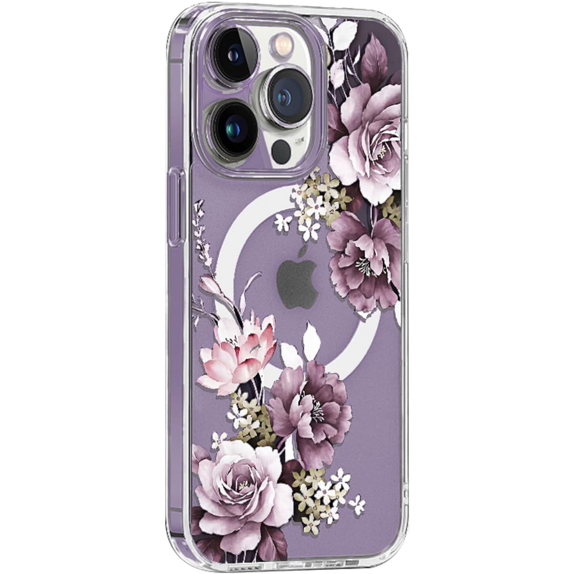 for iPhone 15 Magsafe Case, Cute Floral Slim Shockproof Protective Hard PC+TPU Bumper Flower Women Cover Magnetic case(Clear)