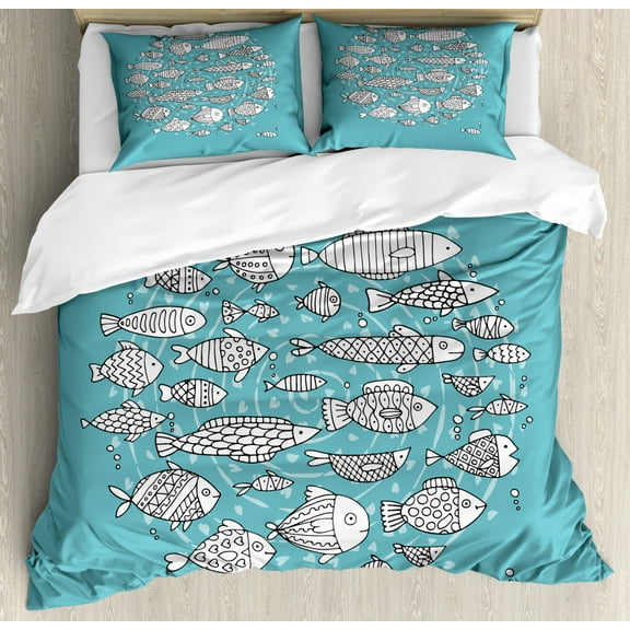Doodle Queen Size Duvet Cover Set, Baby Fish Community Swimming in the Ocean Kids Nursery Playroom Cartoon, Decorative 3 Piece Bedding Set with 2 Pillow Shams, Pale Blue and White, by Ambesonne