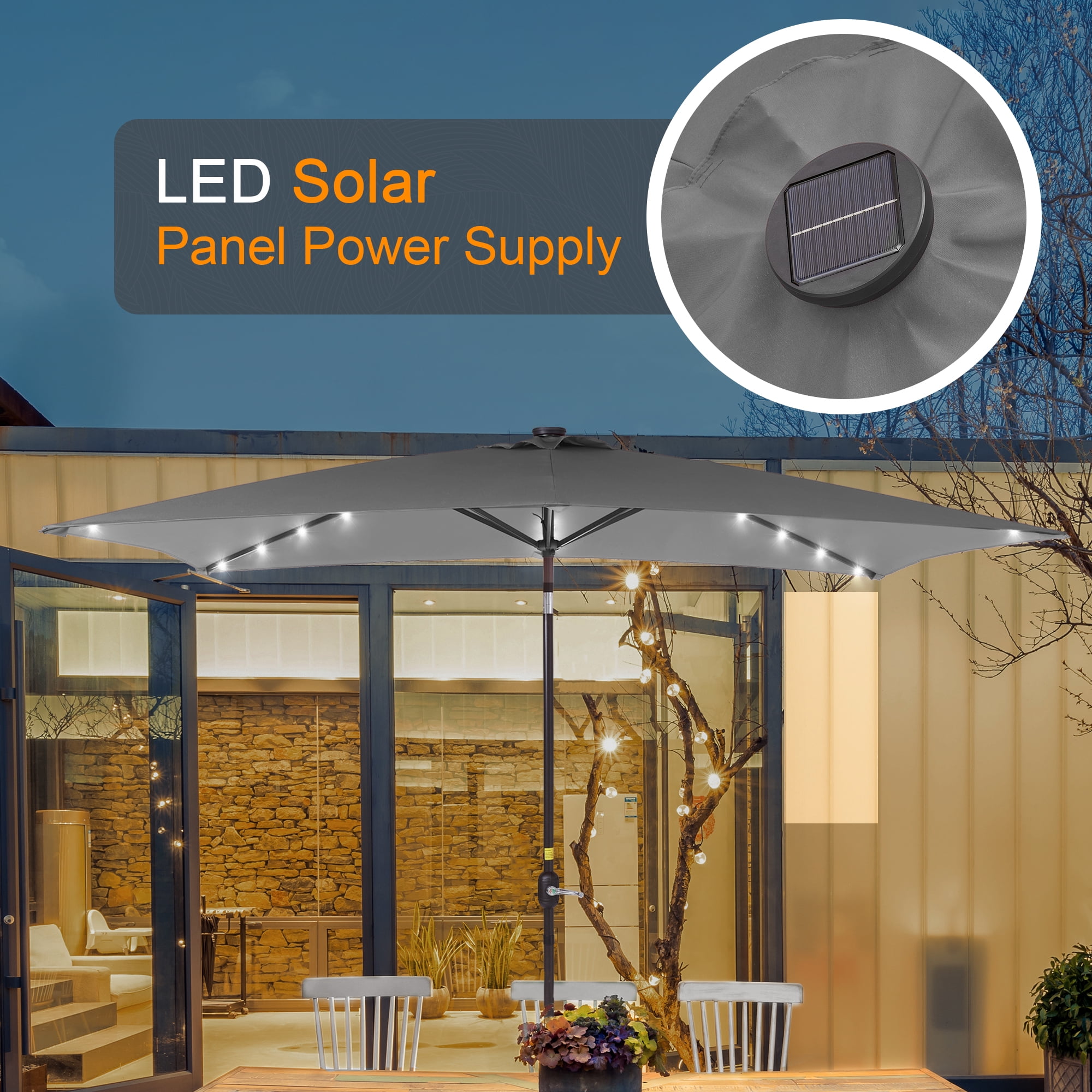 ACEGOSES 10 x 6.5ft LED Rectangle Outdoor Patio Deck Market Outside Table Umbrellas with Non-Fading Polyester canopy,Gray