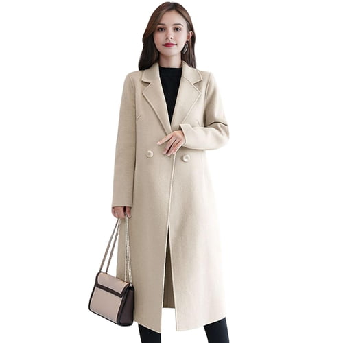 Skymirror Women Jacket Turn-down Collar Pockets Solid Color Double-breasted Loose Fit Overcoat Thermal Long Sleeved Commuting Dating Spring Fall Winter Coat