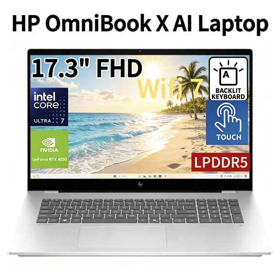 HP OmniBook X 17.3-Inch Gaming & Creator Laptop, NVIDIA GeForce RTX 4050, Intel Core Ultra 7 256V, 16GB LPDDR5X, 1TB SSD, FHD Touchscreen,Backlit KB, WiFi 7, Windows 11 Pro,Glacier Silver