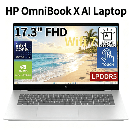 HP OmniBook X 17.3-Inch Gaming & Creator Laptop, NVIDIA GeForce RTX 4050, Intel Core Ultra 7 256V, 16GB LPDDR5X, 1TB SSD, FHD Touchscreen,Backlit KB, WiFi 7, Windows 11 Pro,Glacier Silver