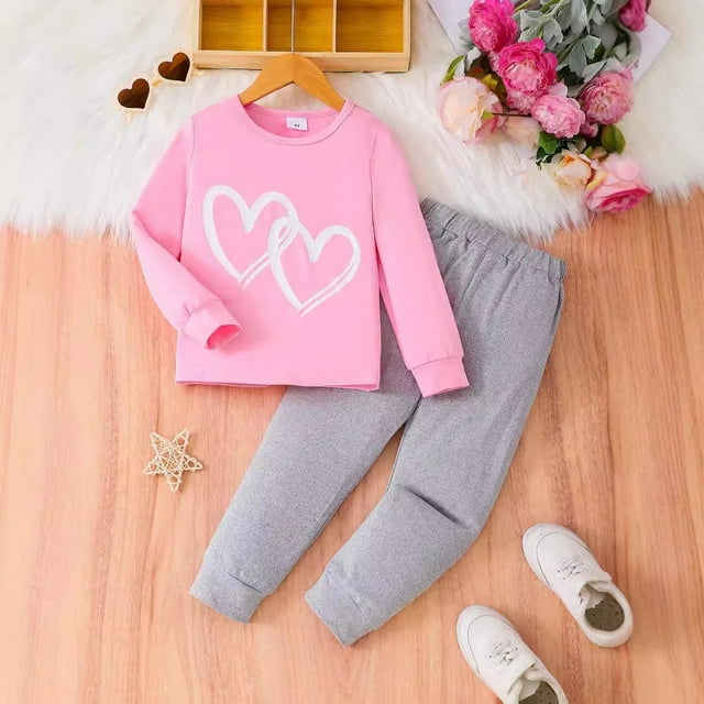 RXIRUCGD Ensemble Décontracté à Manches Longues Imprimé Cœur pour Filles (Rose, Taille: 7 Ans)
