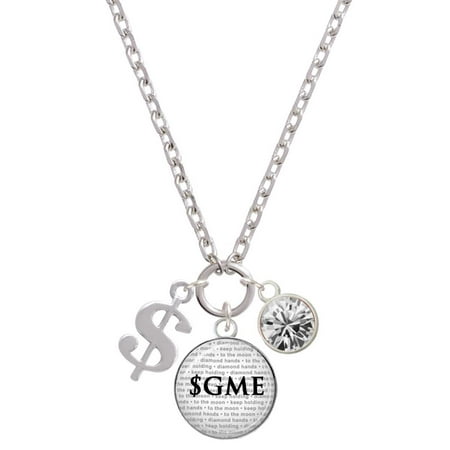 Domed $GME with Dollar Sign and Clear Crystal - Silver tone Zoe Charm Necklace