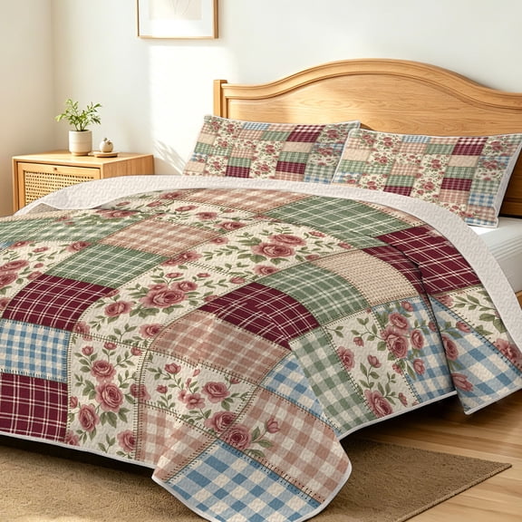 FIVERAM Antique Floral Patchwork Bedspread for Full/Queen Bed,3 Piece Rose Quilt Set Queen Size,Lightweight Coverlet Bedding Set for All Season