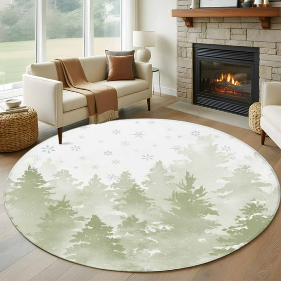 Sage Green Christmas Round Rug 5ft Washable Circle Kitchen Rugs Non Slip Winter Snowflake Abstract Forest Tree Large Area Rug Indoor Floor Carpet for Bedroom Living Room Office Dining Room Nursery