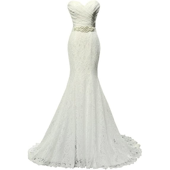 SOLOVEDRESS Women's Beaded Pleat Lace Wedding Dress Mermaid Bridal Gown with Sash(Ivory,4)