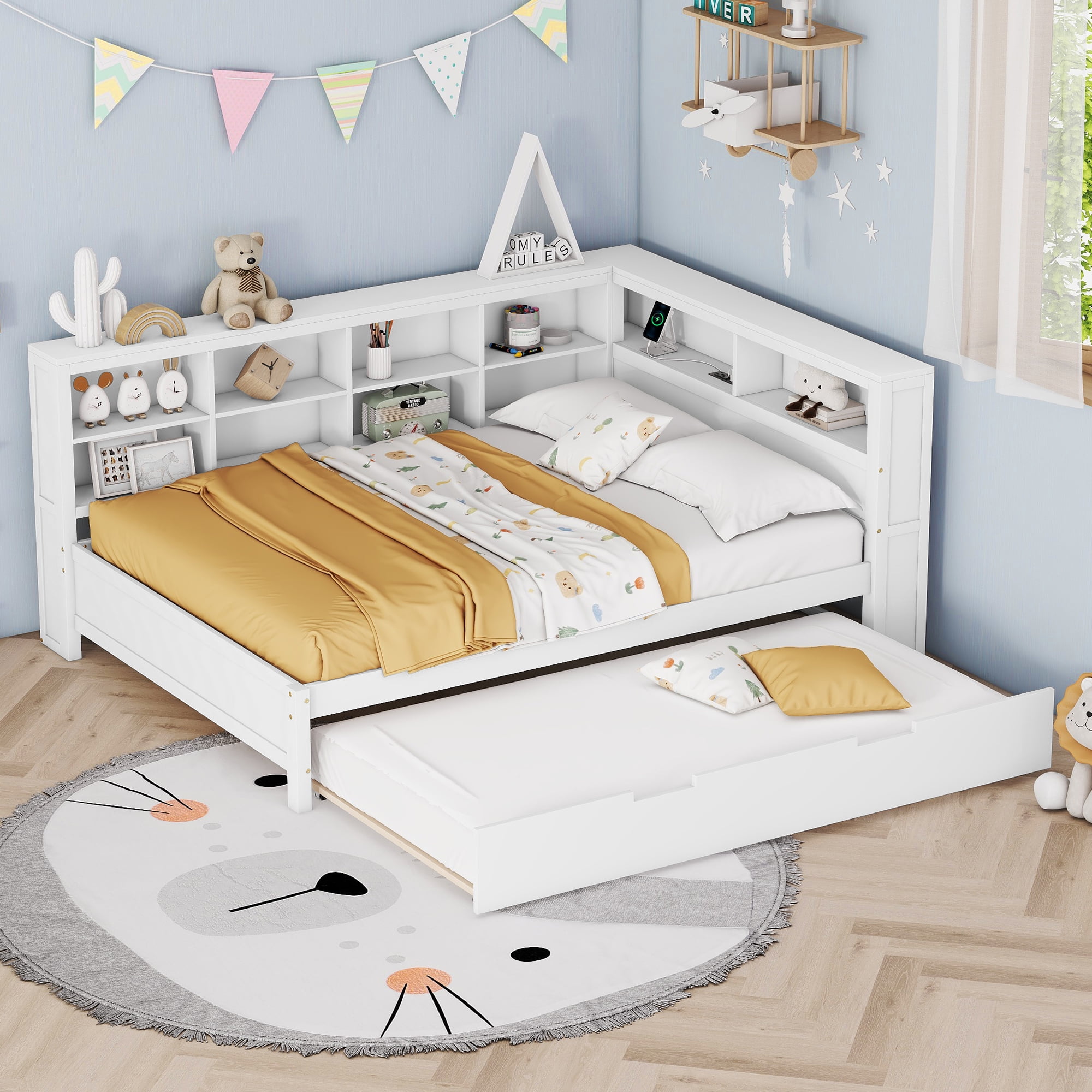 Mintazer Modern Full Daybed Frame with Twin Trundle, USB Charging Station, and Storage for Bedroom, White