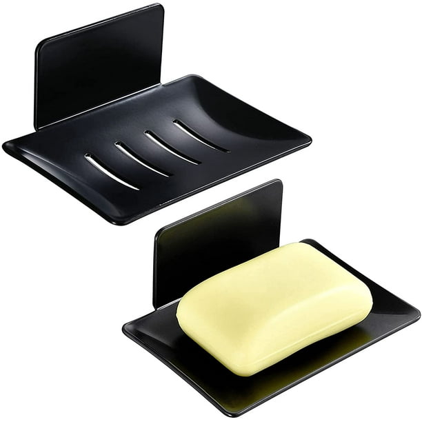 2 Pack Self-Adhesive Soap Dish Soap Holer Soap Box Soap Case Wall Mounted Soap Tray for Bathroom Kitchen Black 4.9x3.3x1.8in