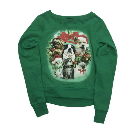 Junior Womens Green Puppy Dog Kitty Cat Sloth Christmas Holiday Sweatshirt XXL