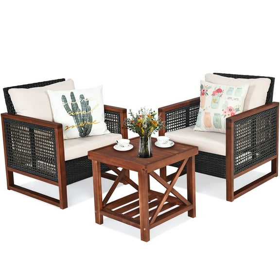 BLACK JAGUAR 3-Piece Patio Rattan Wicker Bistro Set Acacia Wood Frame Sofa and Side Table