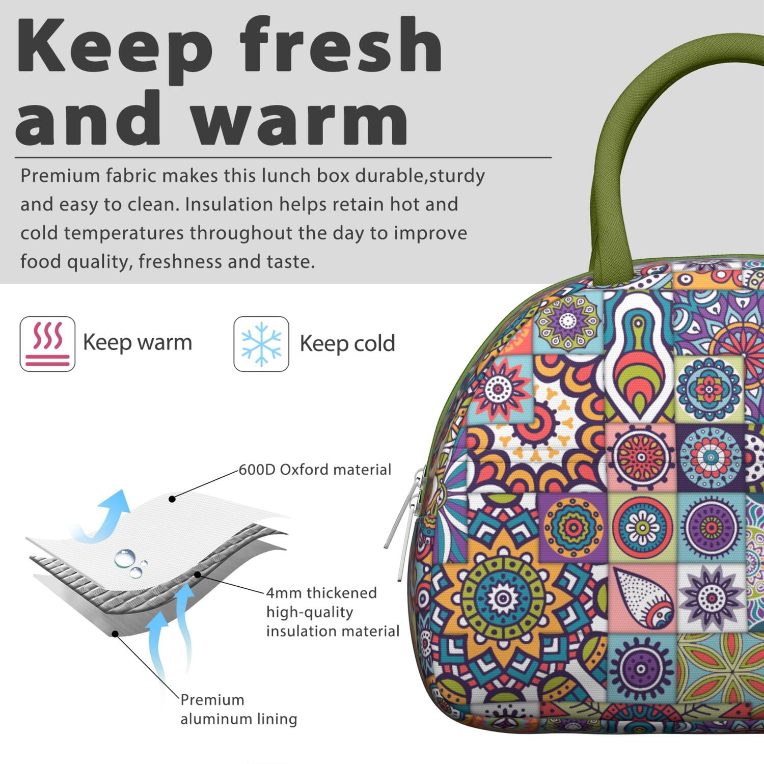 Boho Floral Lunch Bag for Women, Insulated Vintage Lunch Tote with Earthy Tribal Folk Style, Colorful Leakproof Lunch Box for Work, School or Travel