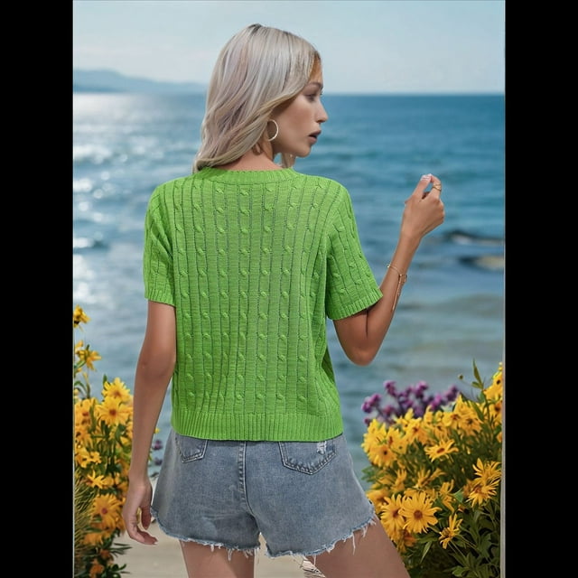 Suéter de Cuello Redondo Color Sólido Verde M