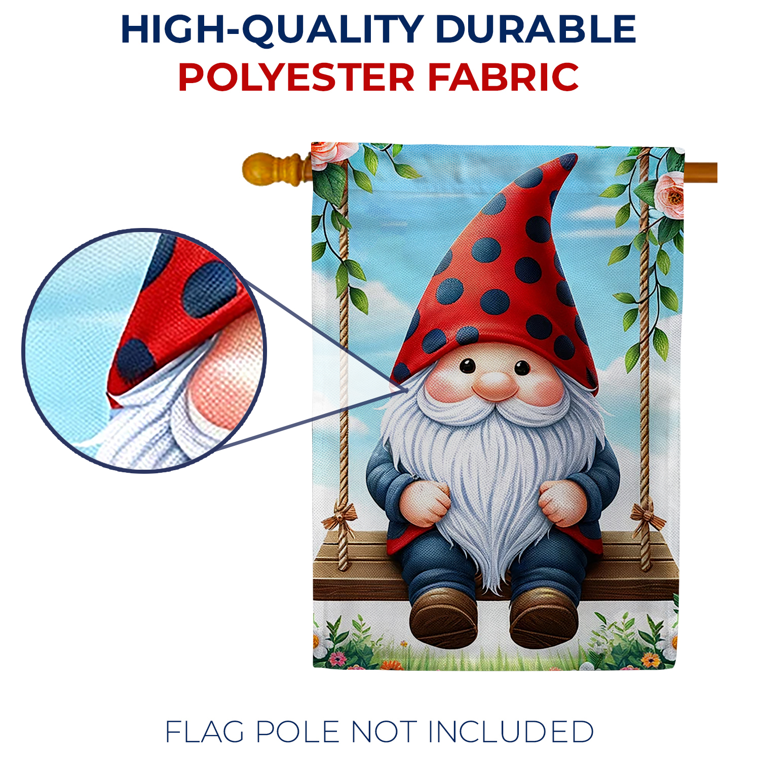 America Forever Gnome Spring Swing House Flag 28 x 40 inch Double Sided Garden Gnome Tree Swing Roses Flowers Spring Summer Seasonal Outdoor Yard Decorative Flag