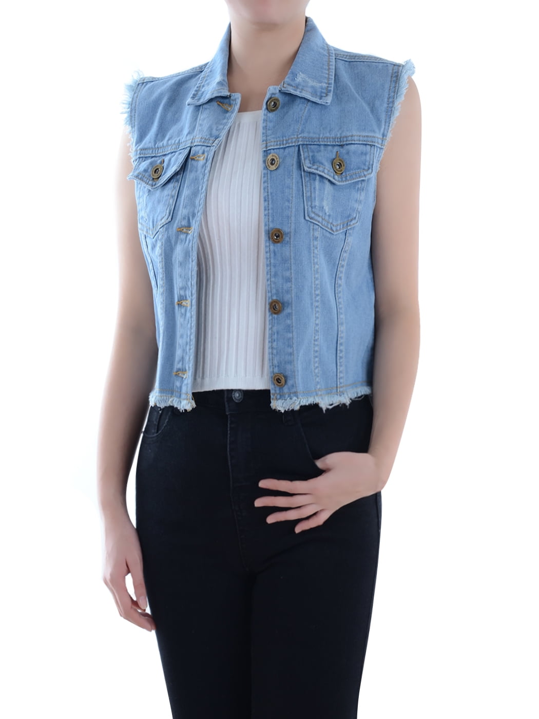 denim sleeveless top outfit