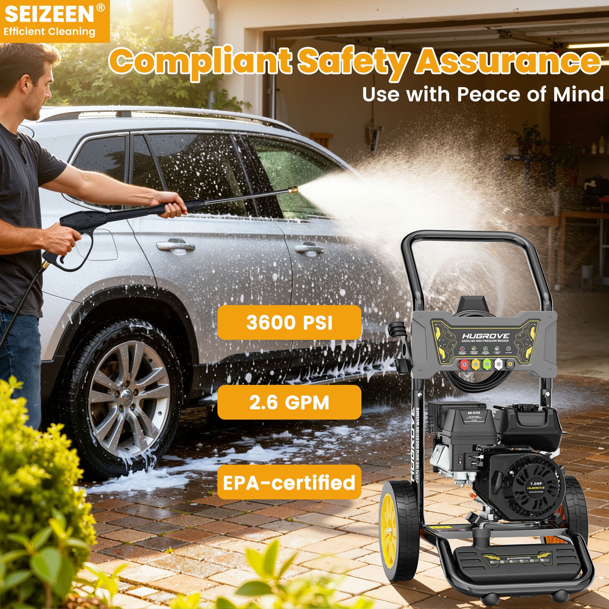 Syngar 3600PSI Pressure Washer with 27FT High-Pressure Hose & 5 Nozzle & Spray Gun, 2.6GPM, Gas Pressure Washer for Patio & Garage