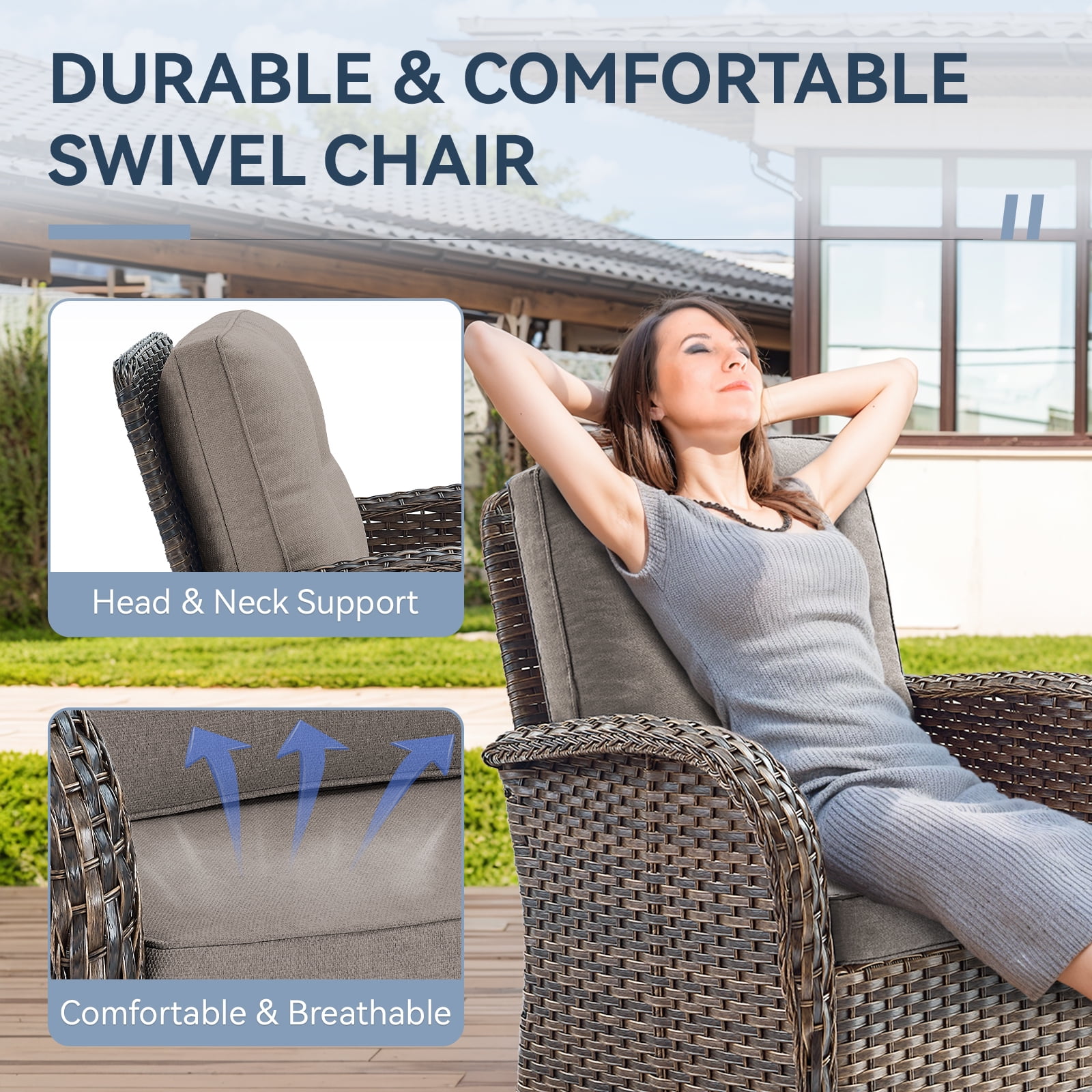 Bellefurn Patio Swivel Chairs Set of 2 Outdoor Swivel Rocker Patio Chair with Side Table,Wicker Patio Furniture Set for Porch Deck Backyard Poolside