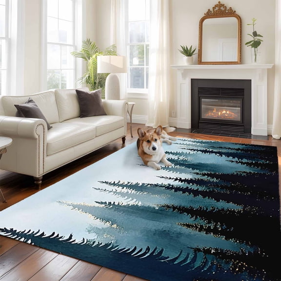 6'x9' Area Rugs, Forest Turquoise Indoor Outdoor Area Rug for Living Room Bedroom, Retro Trees Silhouette Landscape Washable Bathroom Rugs Kitchen Floor Carpet Mats Home Decor Aesthetic